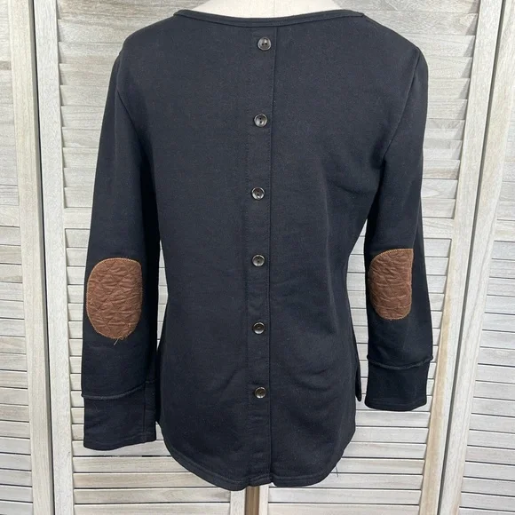 Crewneck Sweatshirt w Back Button Details and Elbow Patches Black-Large - Picture 1 of 2